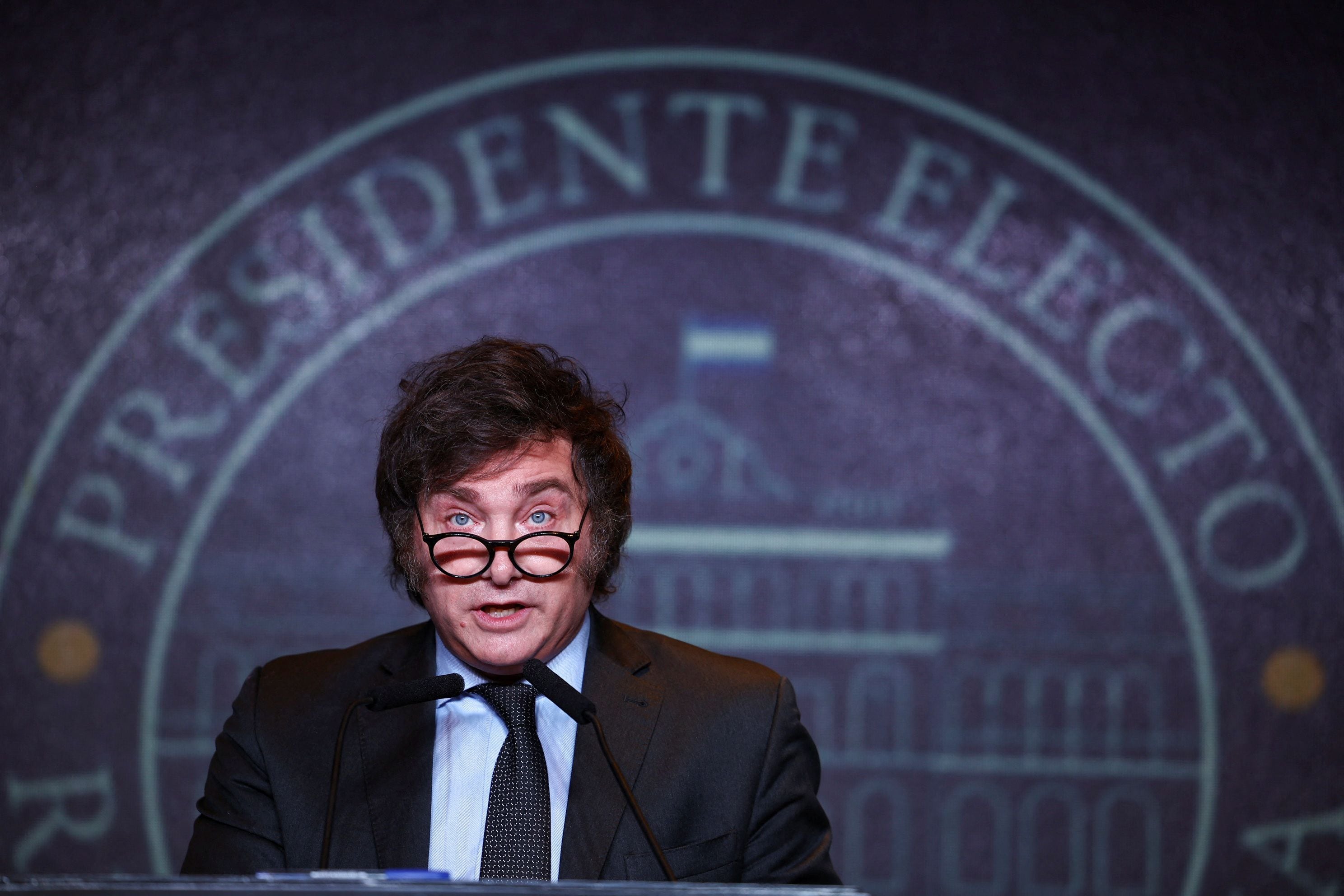 Argentine president-elect Javier Milei addresses supporters after winning Argentina's runoff presidential election, in Buenos Aires, Argentina November 19, 2023. REUTERS/Agustin Marcarian