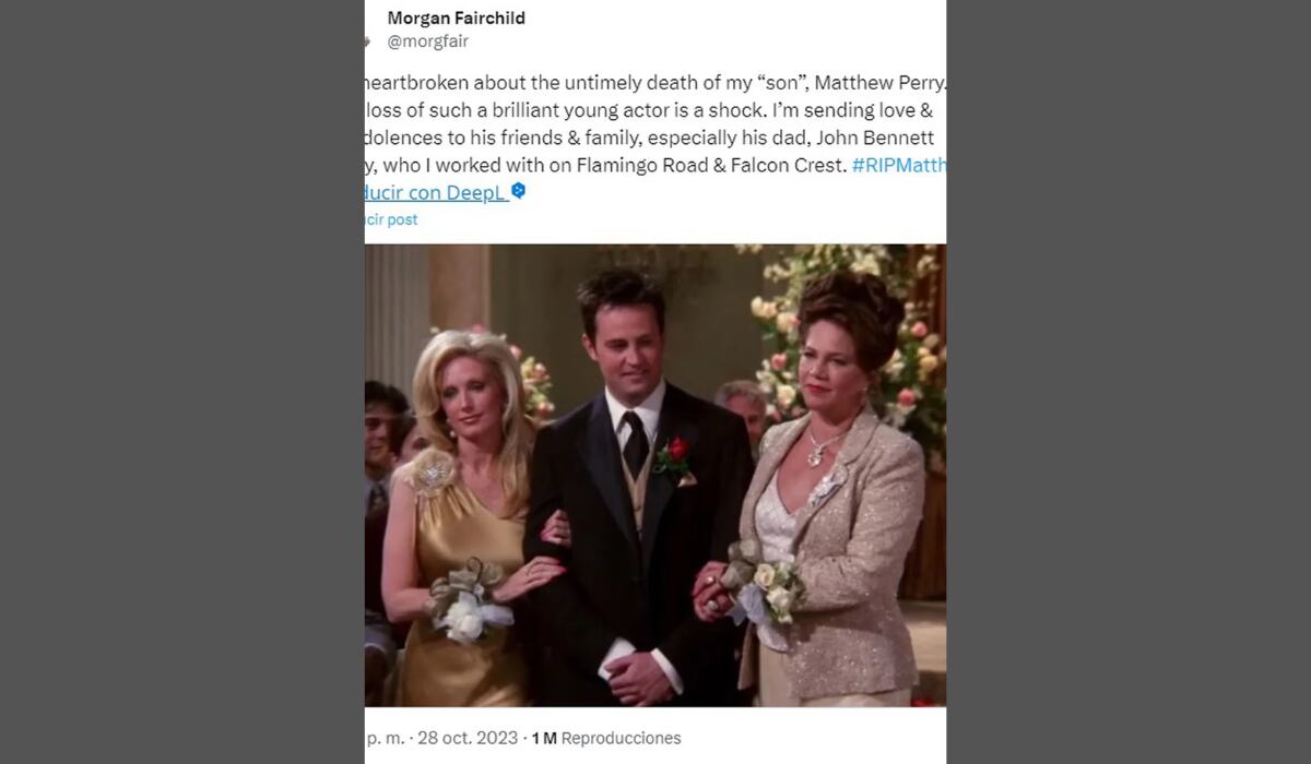 Morgan Fairchild, quien interpretó a la madre de Chandler en Friends, mandó un mensaje de apoyó al verdadero padre de Perry, con quien también colaboró en los años 80's.