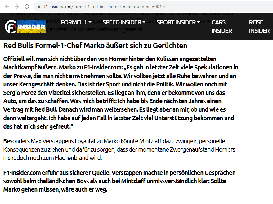 En el tercer párrafo de esta captura figura el testimonio de la fuente de Verstappen que avisa que dejará Red Bull si Marko debe alejarse del equipo