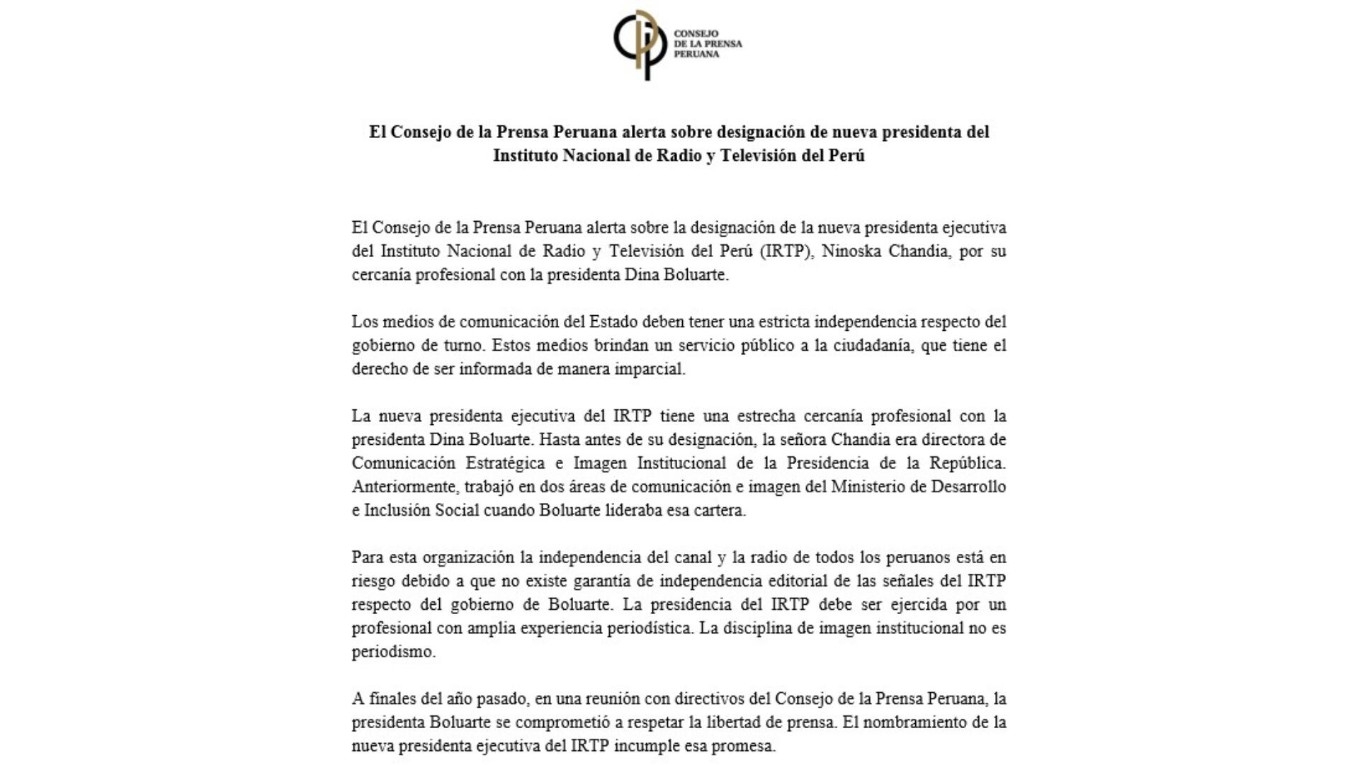 Comunicado del Consejo de Prensa Peruana