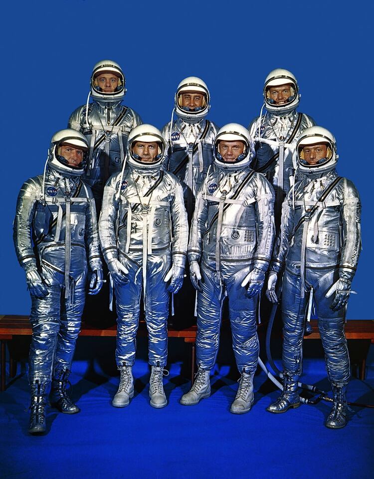 Los Siete de Mercury: Alan Shephard, Gus Grissom y Gordon Cooper, Walter Schirra, Deke Slayton, John Glenn y Scott Carpenter (NASA)