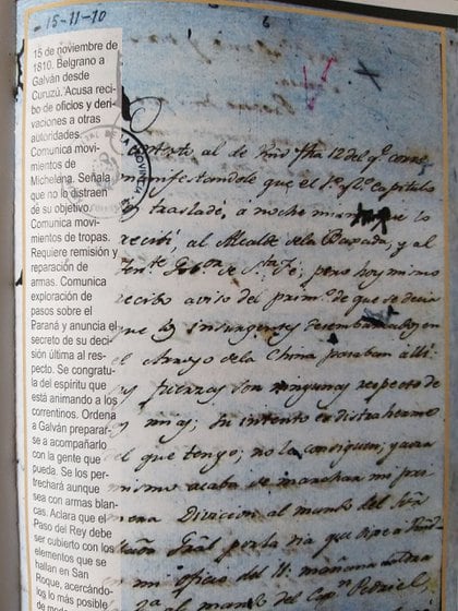 Carta facsímil de la original manuscrita de Belgrano, depositada en el archivo correntino