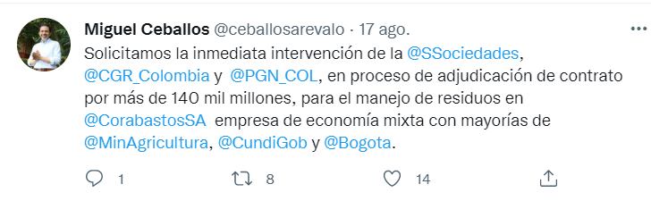 Miguel Ceballos, representante de comerciantes y arrendatarios de Corabastos se refiere al contrato, supuestamente irregular. Tomado de Twitter.