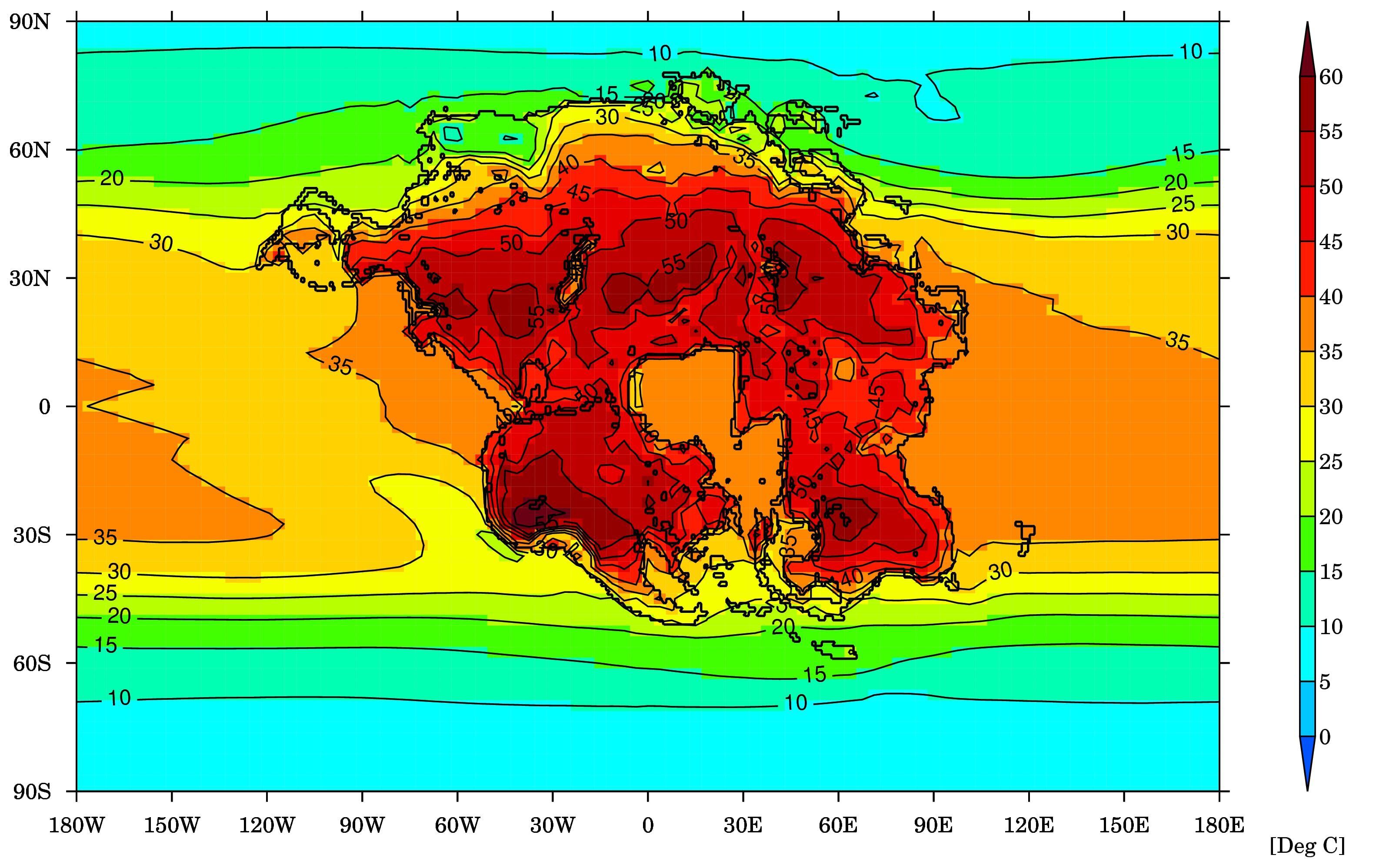 Esta imagen muestra la temperatura promedio mensual más cálida para la Tierra y el supercontinente proyectado en 250 millones de años, cuando sería difícil que sobrevivan los mamíferos (Universidad de Bristol)