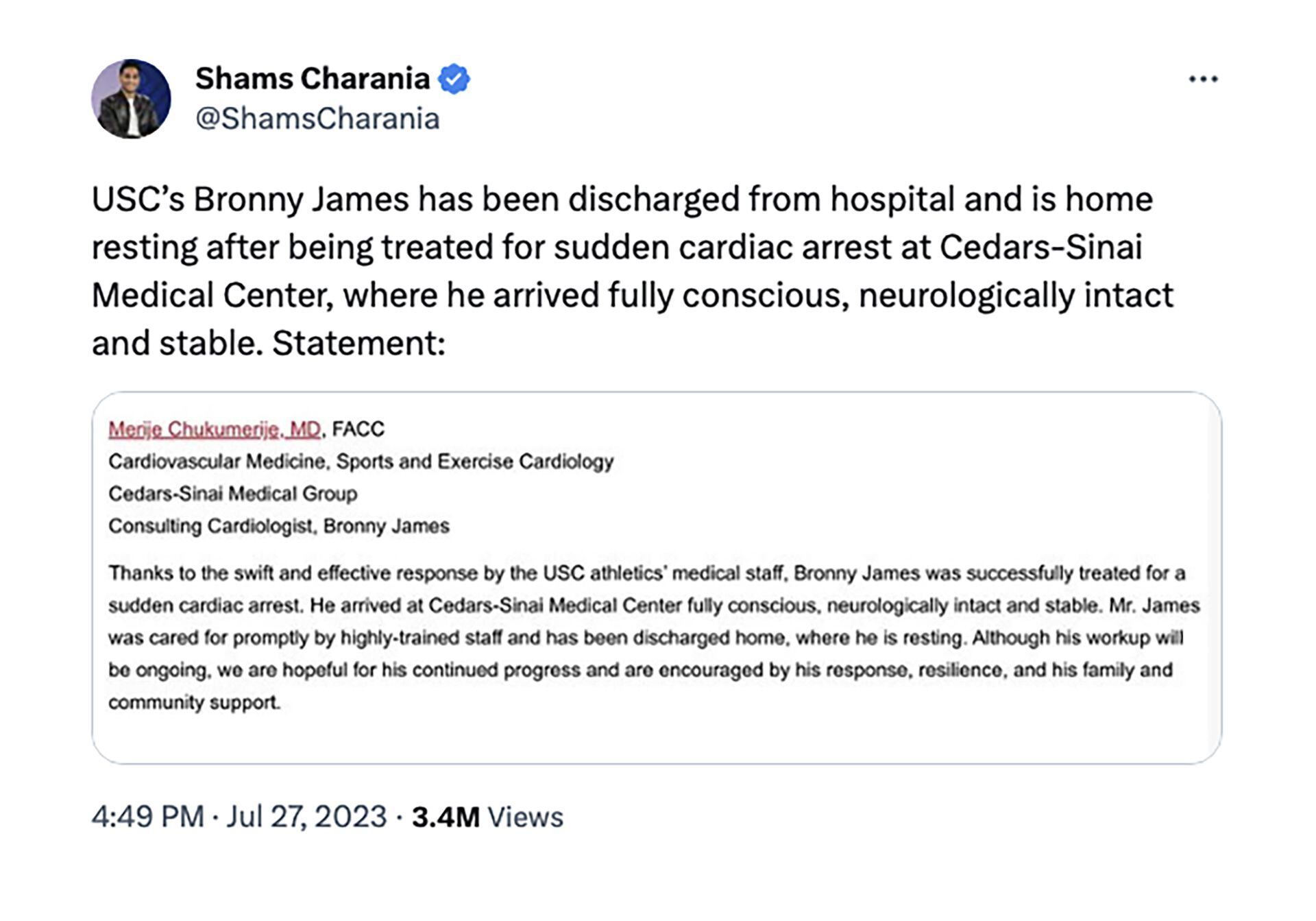 El parte médico del alta de Bronny James tras su paro cardíaco. 