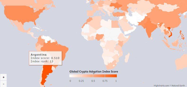 Argentina se encuentra en el puesto 13 del índice de Adopción de Criptomonedas 2022. (Captura)