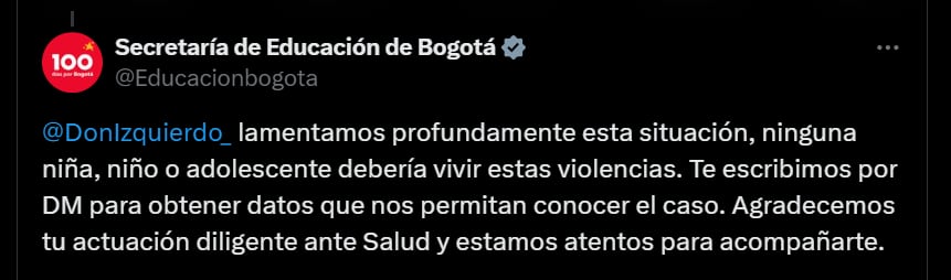 La Secretaría de Educación aseguró que se comunicará con Rozo para conocer más sobre el presunto abuso - crédito @Educacionbogota/X