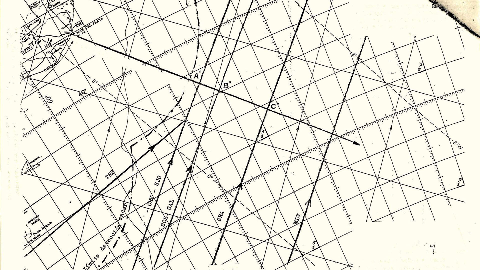 Carta aeronáutica que señala el rumbo que debían tomar los aviones para llegar a los puntos de interceptación A, B y C, donde se encontrarían con los bombarderos que quisieran atacar las bases argentinas en el sur del país