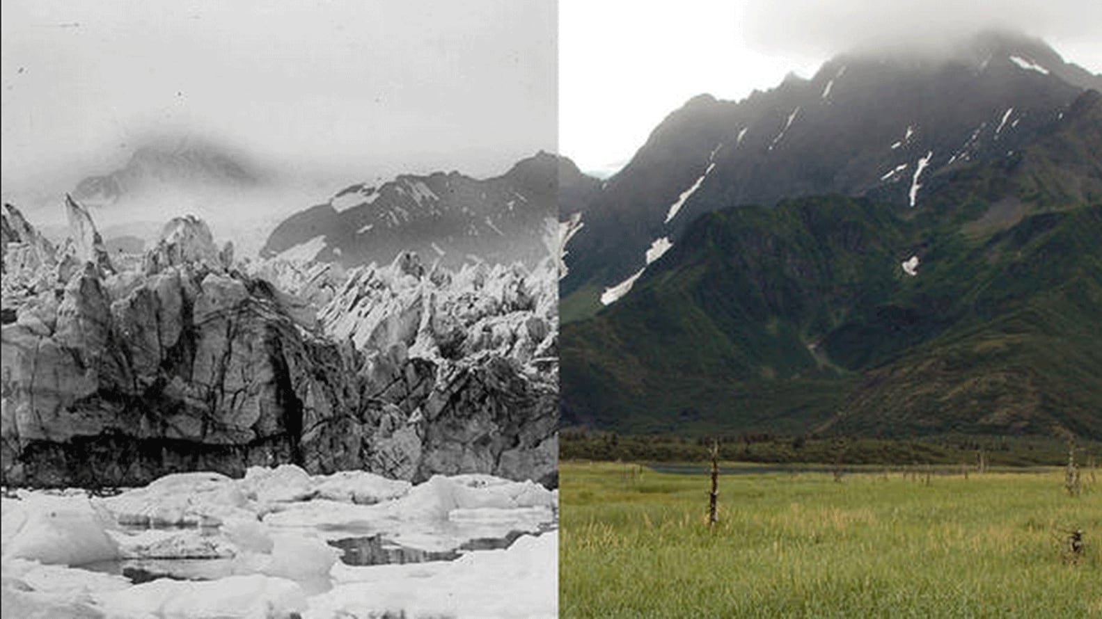 Las fotografías tomadas en los mismos lugares décadas aparte revelan cuán dramáticamente los glaciares de Alaska se están derritiendo y retrocediendo USGS / CBS News 163
