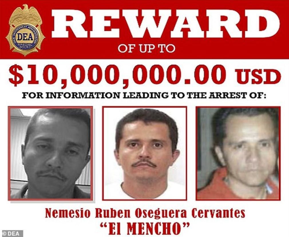 El Departamento de Estado de EEUU duplicó de 5 a 10 millones de dólares la recompensa para quien proporcione información que lleve a la captura de Nemesio Oseguera Cervantes, alias "El Mencho", líder del Cártel Jalisco Nueva Generación (CJNG), reconocido por las autoridades como el más poderoso en territorio mexicano Foto: (DEA)