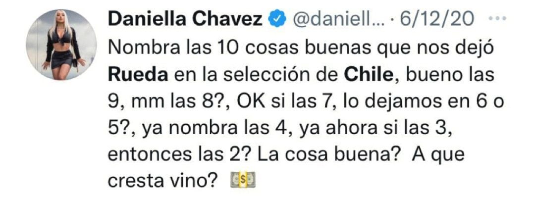 Daniella Chávez, la modelo chilena que pidió la salida de Rueda y ahora lo extraña / CAPTURA DE PANTALLA DE TWITTER