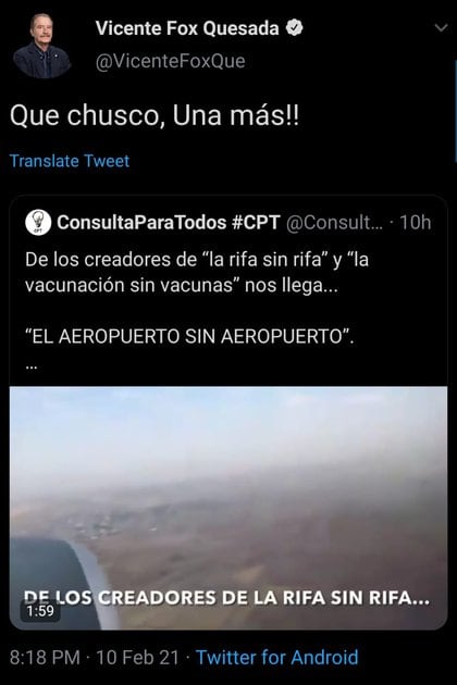 Vicente Fox Quesada siguió con las críticas hacia el aeropuerto de Santa Lucía en su cuenta de Twitter (Foto: Twitter@/VicenteFoxQue)