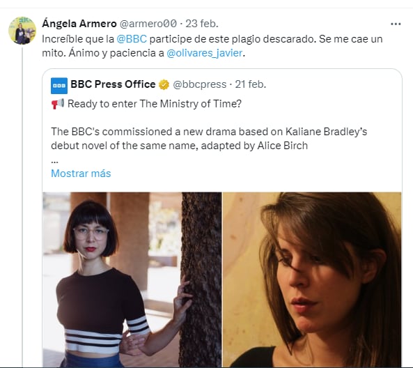 Ángela Armero acusó de plagio a la serie británica The Ministry of Time (Twitter)