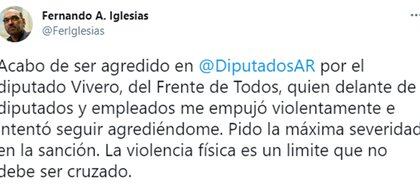 Tuit de Fernando Iglesias tras la agresión en el Congreso
