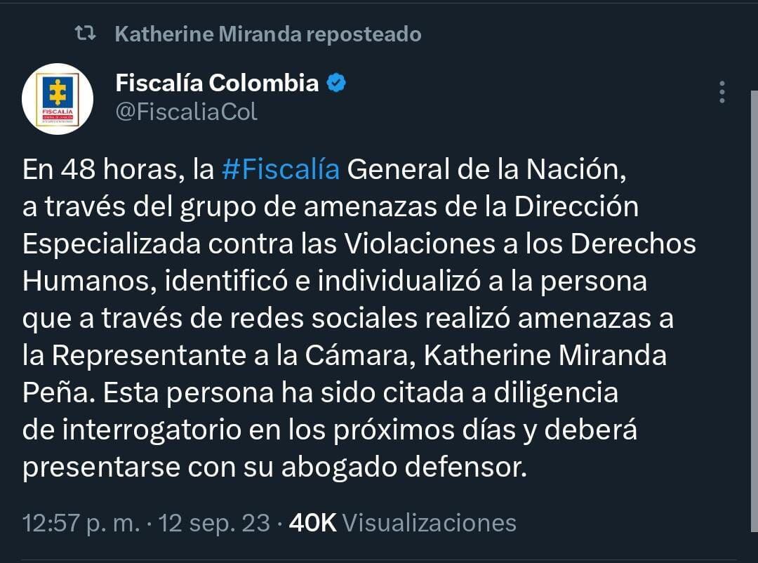 La Fiscalía también citó a interrogatorio al autor de las amenazas y cuya identificación se mantiene bajo reserva - crédito @FiscaliaCol/X