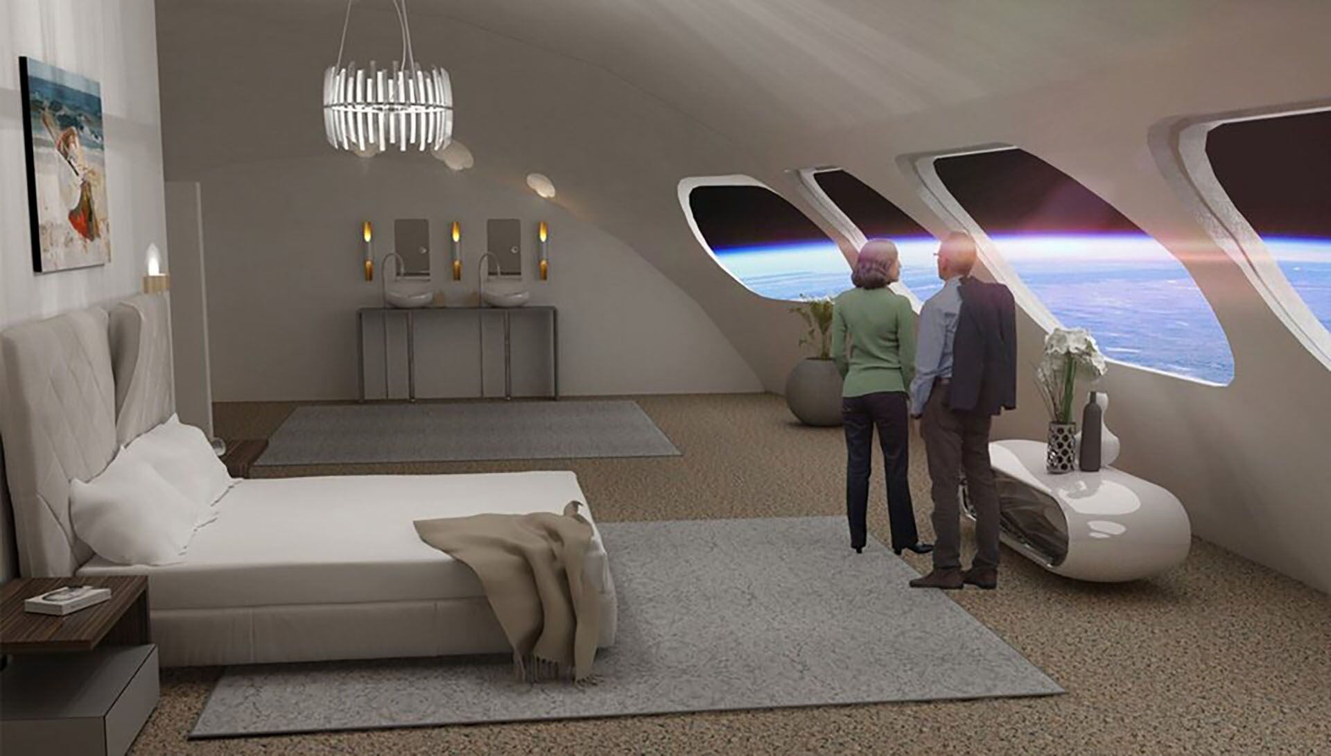 Así se vería una de las habitaciones de un hotel espacial que se proyecta para los próximos años (Orbital Assembly)