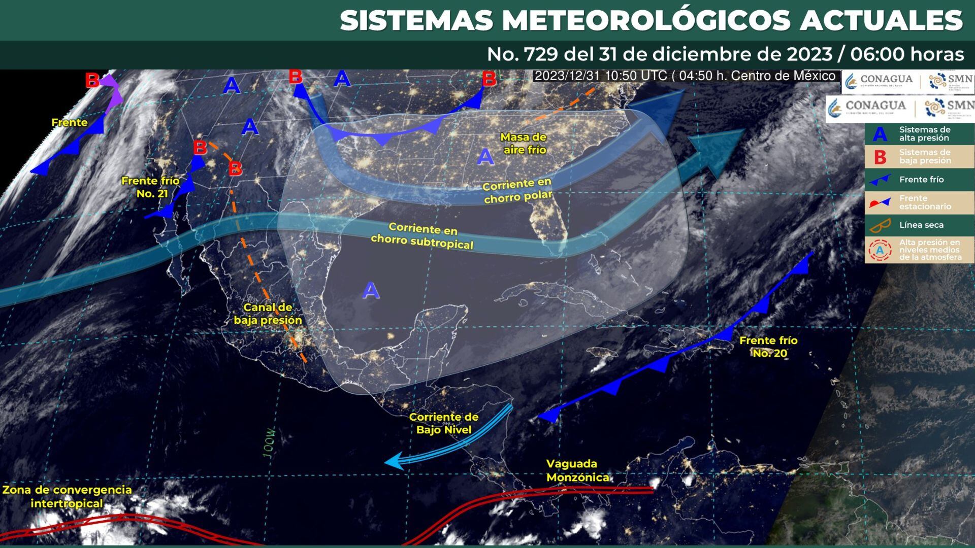 SMN comparte el mapa de los sistemas meteorológicos que afectarán el clima en México este domingo 31 de diciembre