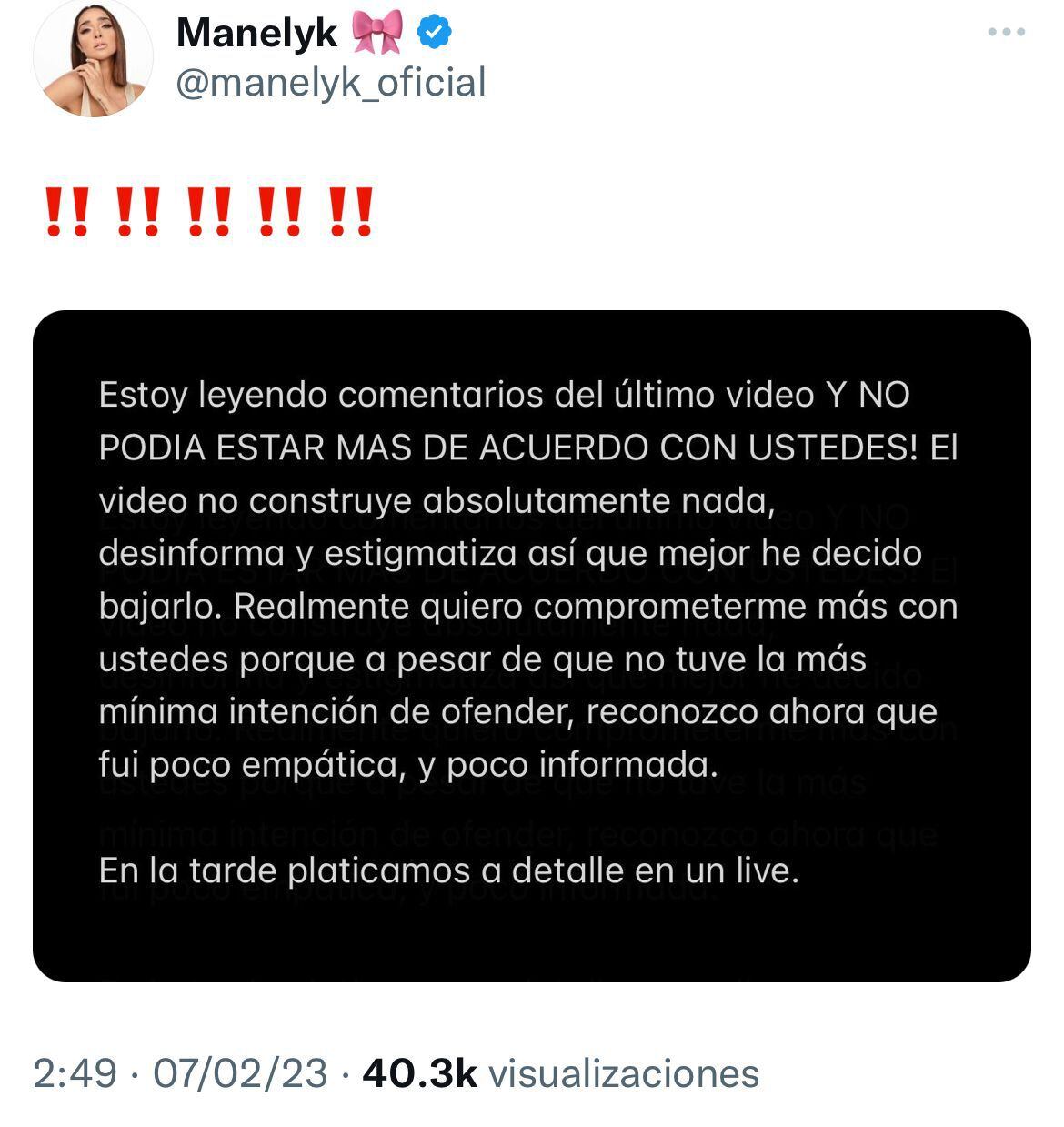 Tras las intensas críticas en Twitter, Manelyk se mostró arrepentida de lo expresado en su podcast "Hoy toca" (Foto: Twitter)