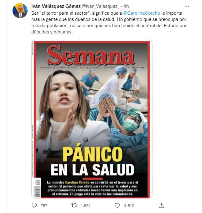A través de Twitter, el ministro de Defensa Iván Velásquez salió en respaldo de Carolina Corcho, ministra de Salud.FOTO: vía Twitter (@Ivan_Velasquez_)