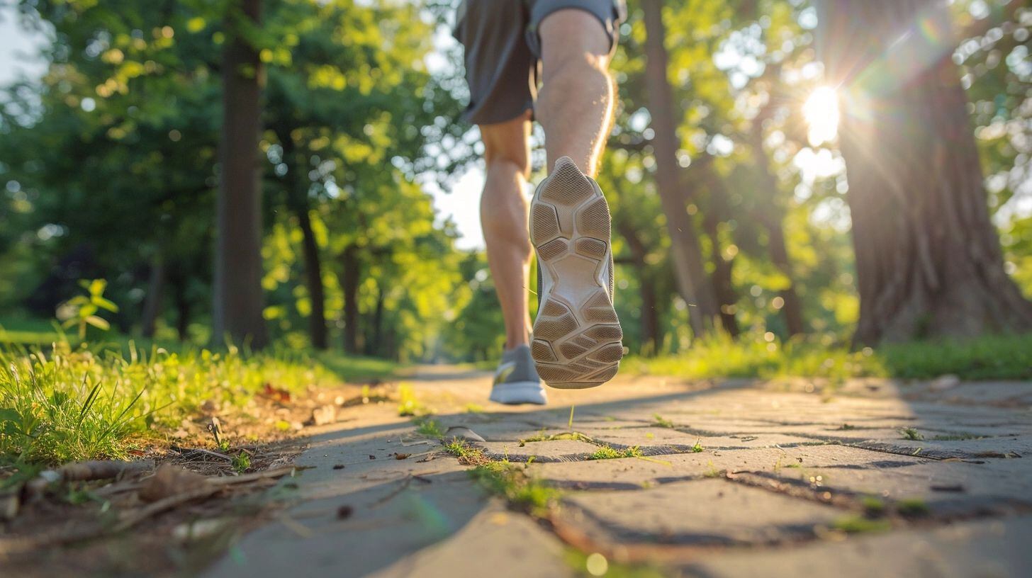 Detalle de calzado deportivo de un hombre joven en plena carrera por un sendero del parque, evidenciando su compromiso con un estilo de vida activo y saludable. Este primer plano representa el esfuerzo y la determinación por mantener un buen estado físico y mental, disfrutando del ejercicio en el contexto revitalizante del aire libre. (Imagen ilustrativa Infobae)