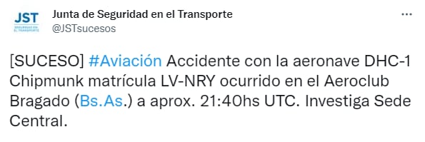 La Junta de Seguridad en el Transporte brindó los datos de la aeronave que protagonizó el accidente (Twitter)