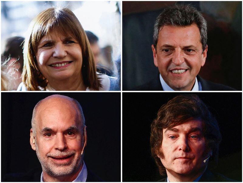 Una foto combinada muestra a los precandidatos presidenciales de Argentina Sergio Massa, Patricia Bullrich, Horacio Rodríguez Larreta y al candidato Javier Milei.