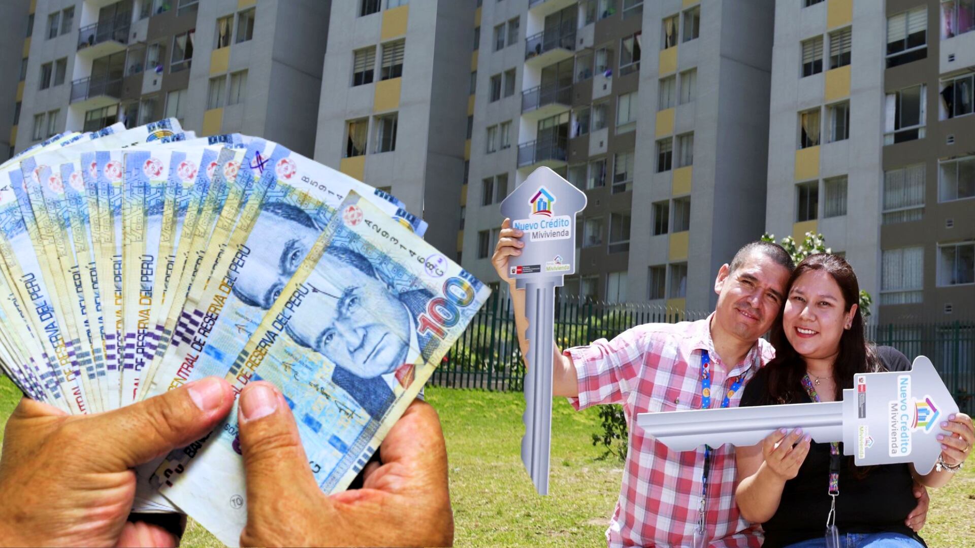 mano con billetes de 100 soles en frente de complejo de departamentos y una pareja de hombre y mujer felices con llaves gigantes de cartón