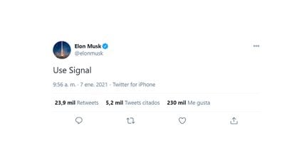 Musk publicó un tuit en el que recomendó el uso de un servicio de mensajería encriptado llamado Signal, en medio de la polémica por los cambios en las condiciones de servicio de Whatsapp. Algunos inversores entendieron otra cosa.
