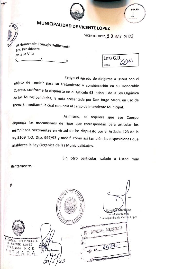 La pedido de tratamiento en el Concejo Deliberante de Vicente López de la renuncia de Jorge Macri como Intendente