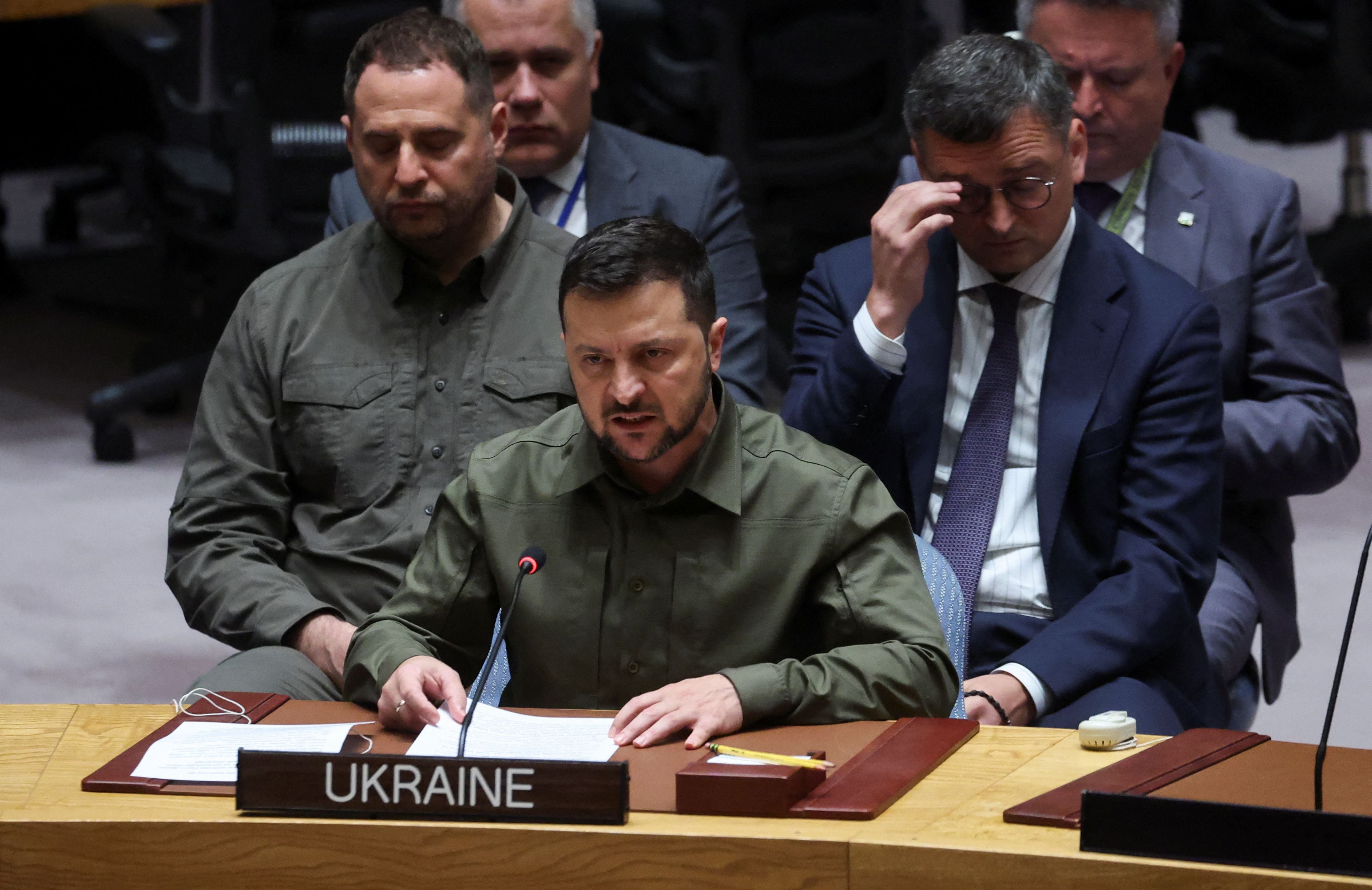 Volodimir Zelensky durante su intervención en el Consejo de Seguridad (REUTERS/Mike Segar)