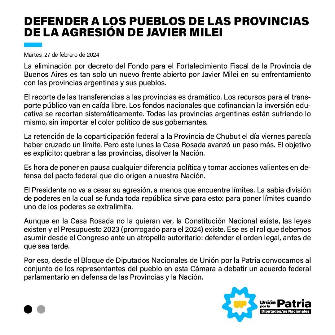 El comunicado Unión por la Patria sobre el enfrentamiento de Javier Milei con los gobernadores