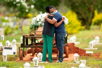 Un grupo de personas asiste al entierro de un ser querido víctima de covid-19 en el cementerio Campo da Esperança, en la ciudad de Brasilia (Brasil). EFE/ Joédson Alves/Archivo
