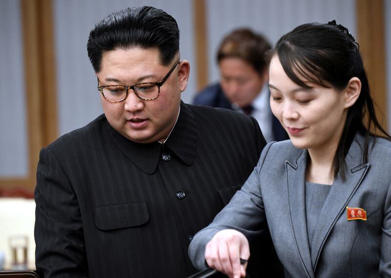 Together with his sister Kim Yo Jong during a meeting with South Korean President Moon Jae-in at the Peace House in the truce village of Panmunjom, within the demilitarized zone that separates the two Koreas.  April 27, 2018