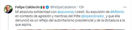 El expresidente envió un mensaje de apoyo a la periodista Crédito X @FelipeCalderon