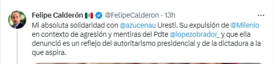 El expresidente envió un mensaje de apoyo a la periodista 

Crédito X @FelipeCalderon