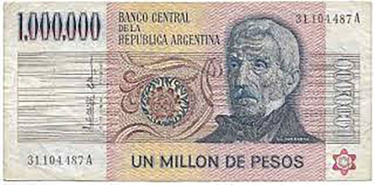 El billete de mayor valor nominal: un millón de pesos ley 18.188