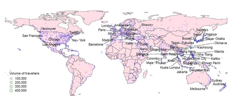 Proyección de riesgo relativo de la expansión del coronavirus a partir del volumen de viajeros. (WorldPop)