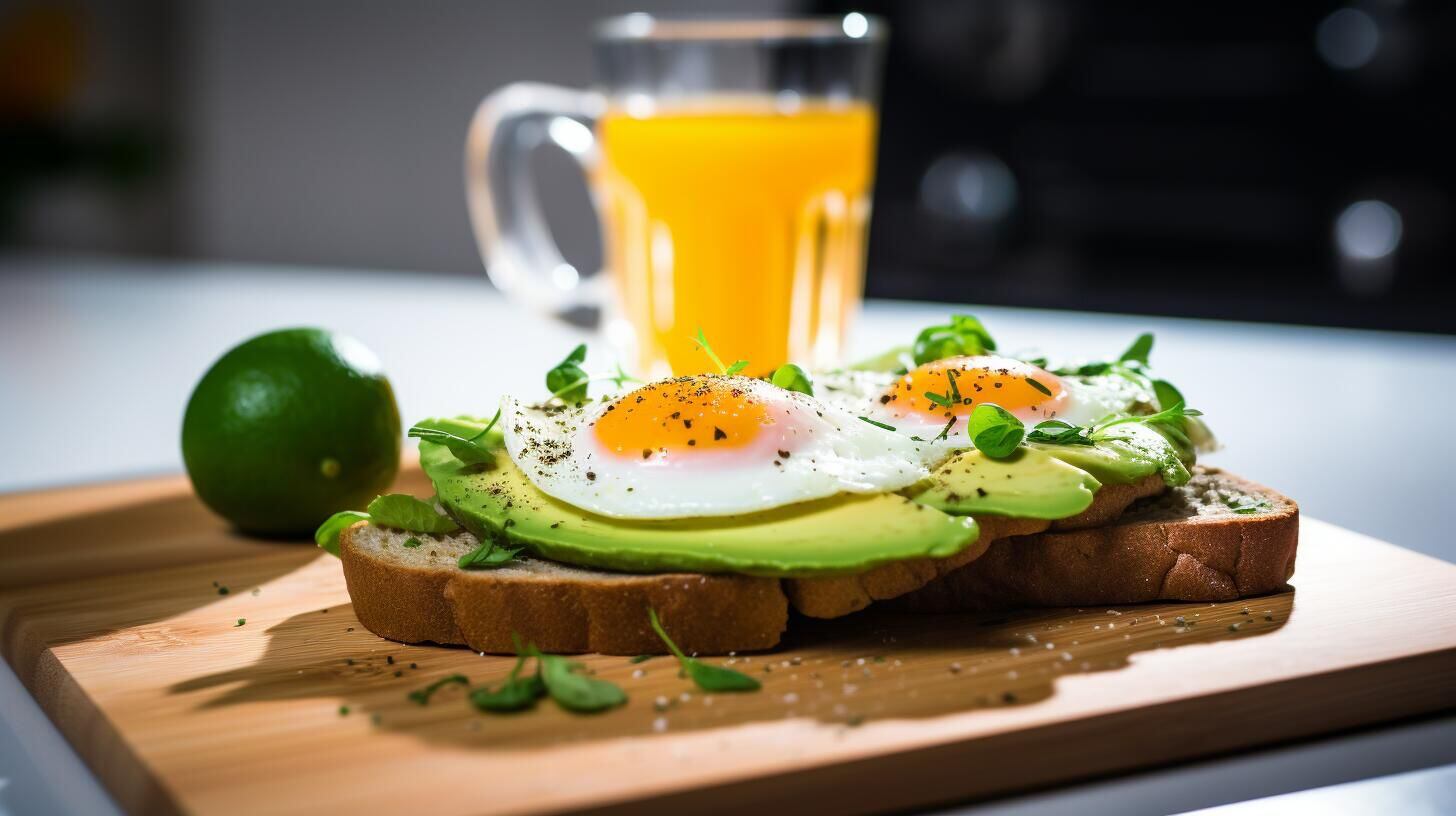 Imagen de un desayuno saludable con palta, huevo, jugo de naranja y pan. Una elección nutritiva y equilibrada para empezar el día con energía. Elementos esenciales que contribuyen a tu bienestar. (Imagen ilustrativa Infobae)