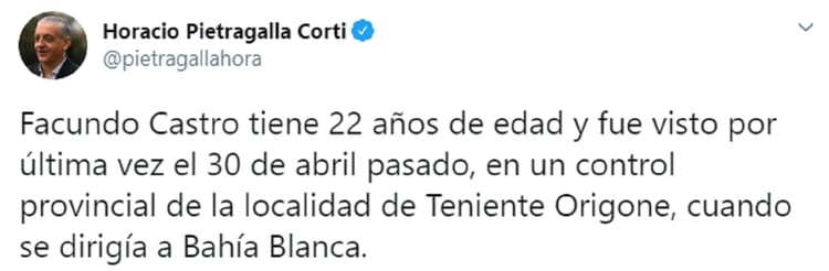 Tuit del secretario de Derechos Humanos, Horacio Pietragalla