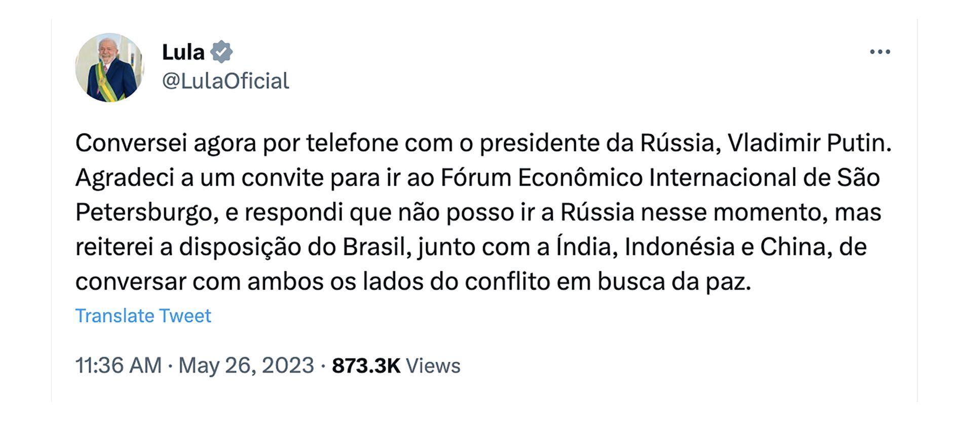 Lula da Silva habló con Putin captura tuit