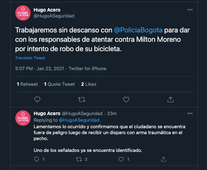Secretario de Seguridad de Bogotá, Hugo Acero, se refirió al atentado que padeció el funcionario del IDRD, Milton Moreno, en la mañana del viernes 22 de enero / (Twitter: @HugoASeguridad).