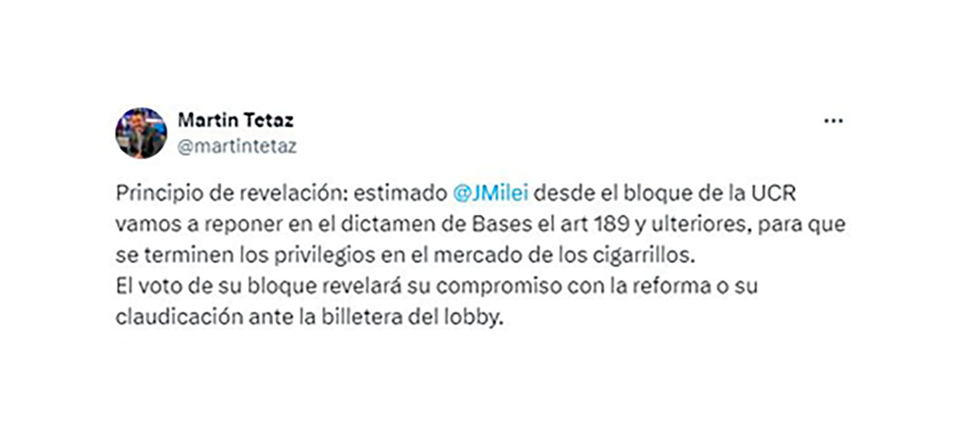 captura de tuit de Martín Tetaz sobre la discusión por el capítulo tabacalero en la Ley Bases