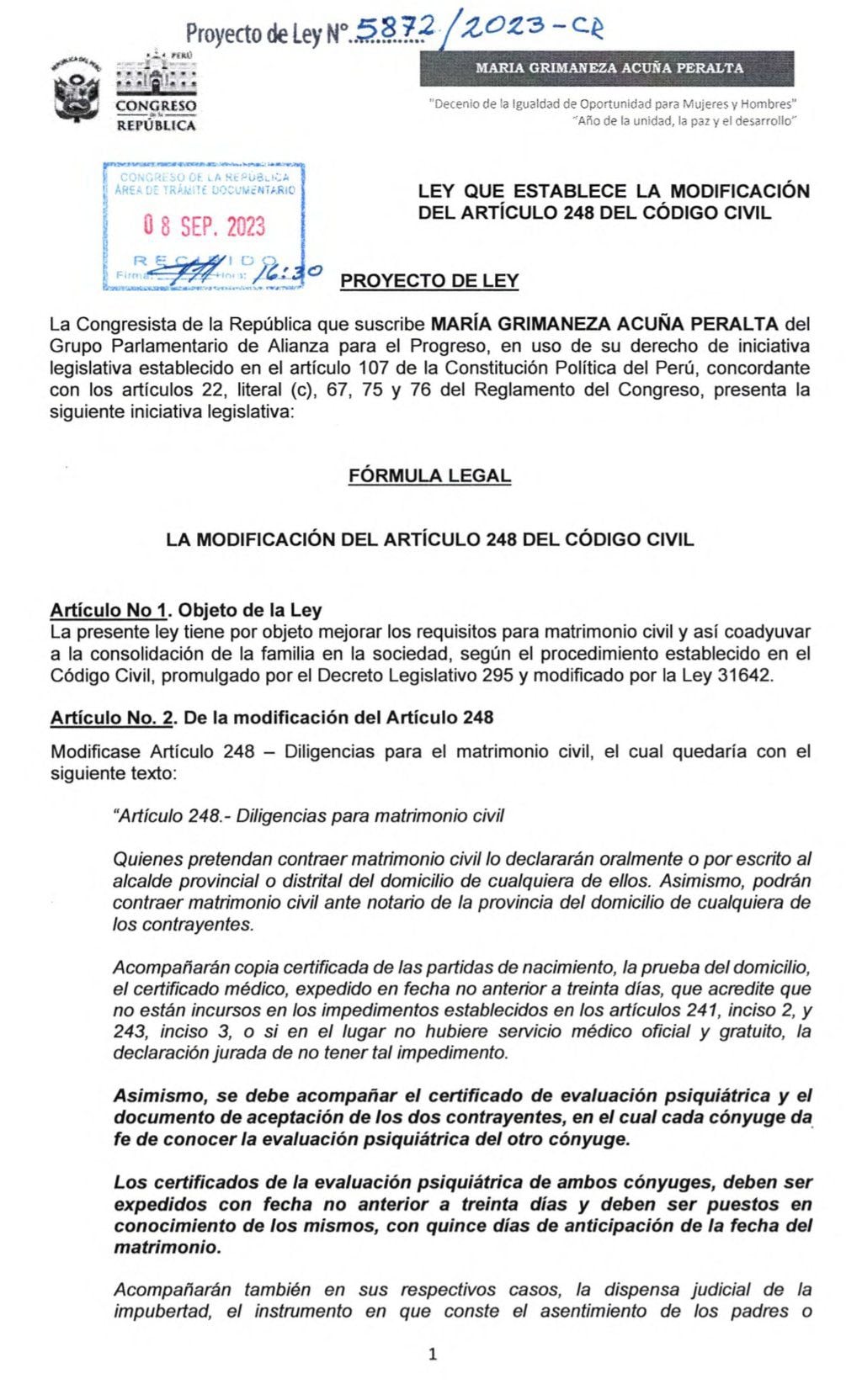Proyecto de ley presentado por la congresista María Acuña. (Foto: Redes sociales)