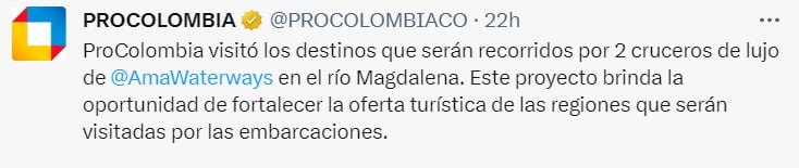 La agencia gubernamental a cargo de promover las exportaciones colombianas, el turismo internacional y la inversión extranjera a Colombia, anunció que en 2024 habrá dos cruceros de lujo en el río Magdalena. Twitter/@PROCOLOMBIACO.