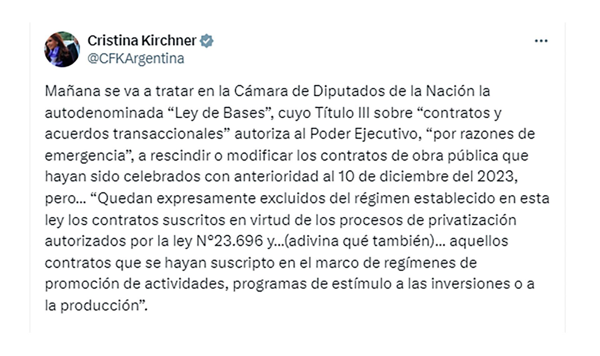 Cristina Kirchner contra la ley Bases