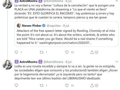 Gael Policano Rossi, AstroMostra en Twitter, se expresa en relación a la inclusión de una advertencia sobre racismo que se incorporó en "Lo que el viento se llevó". La respuesta es a un tuit de Steven Pinker, uno de los intelectuales que firmó la carta contra el pensamiento único.