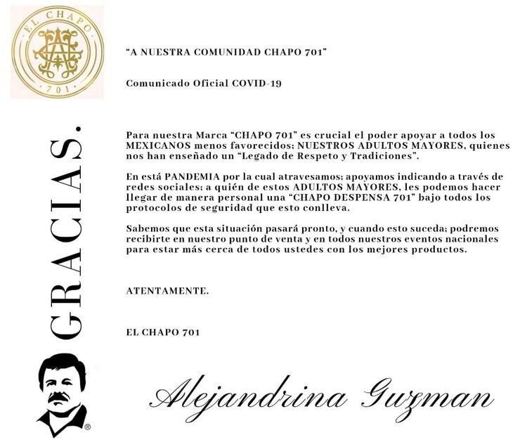 Un comunicado de la marca de ropa El Chapo 701 firmado por Alejandrina Guzmán (Foto: Facebook/El Chapo Guzmán)