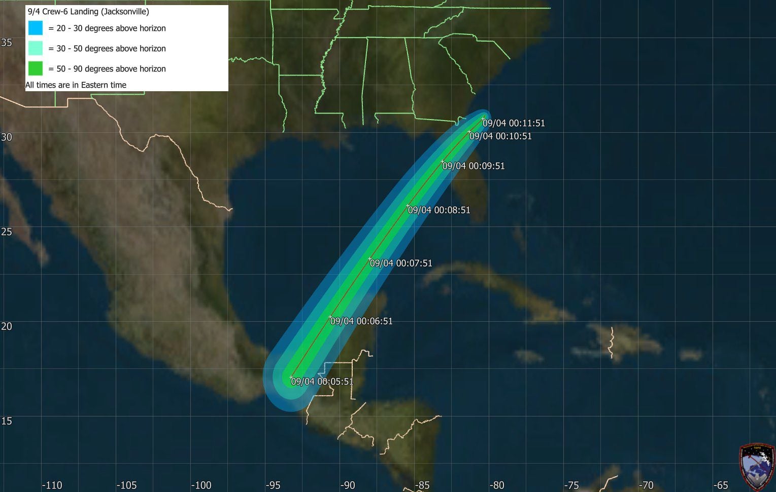 Mapa que fue mostrando la trayectoria de la cápsula durante la última parte de su descenso (NASA)