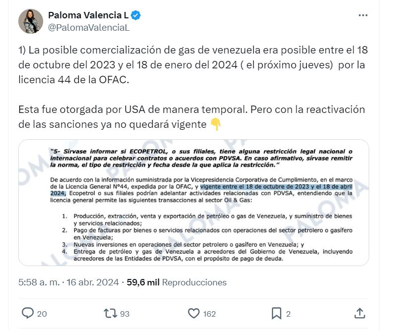 Paloma Valencia dice que ya no será posible comercializar gas con Venezuela - crédito @PalomaValenciaL/X
