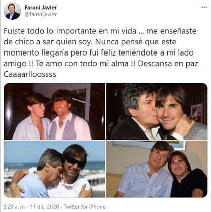 El mensaje de despedida de Javier Faroni a su amigo Carlin Calvo (Twitter)